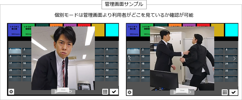管理画面サンプルのスクリーンショット：管理者の画面サンプルが2つ並んでいます。「個別モードは管理画面より利用者がどこを見ているか確認が可能。」
